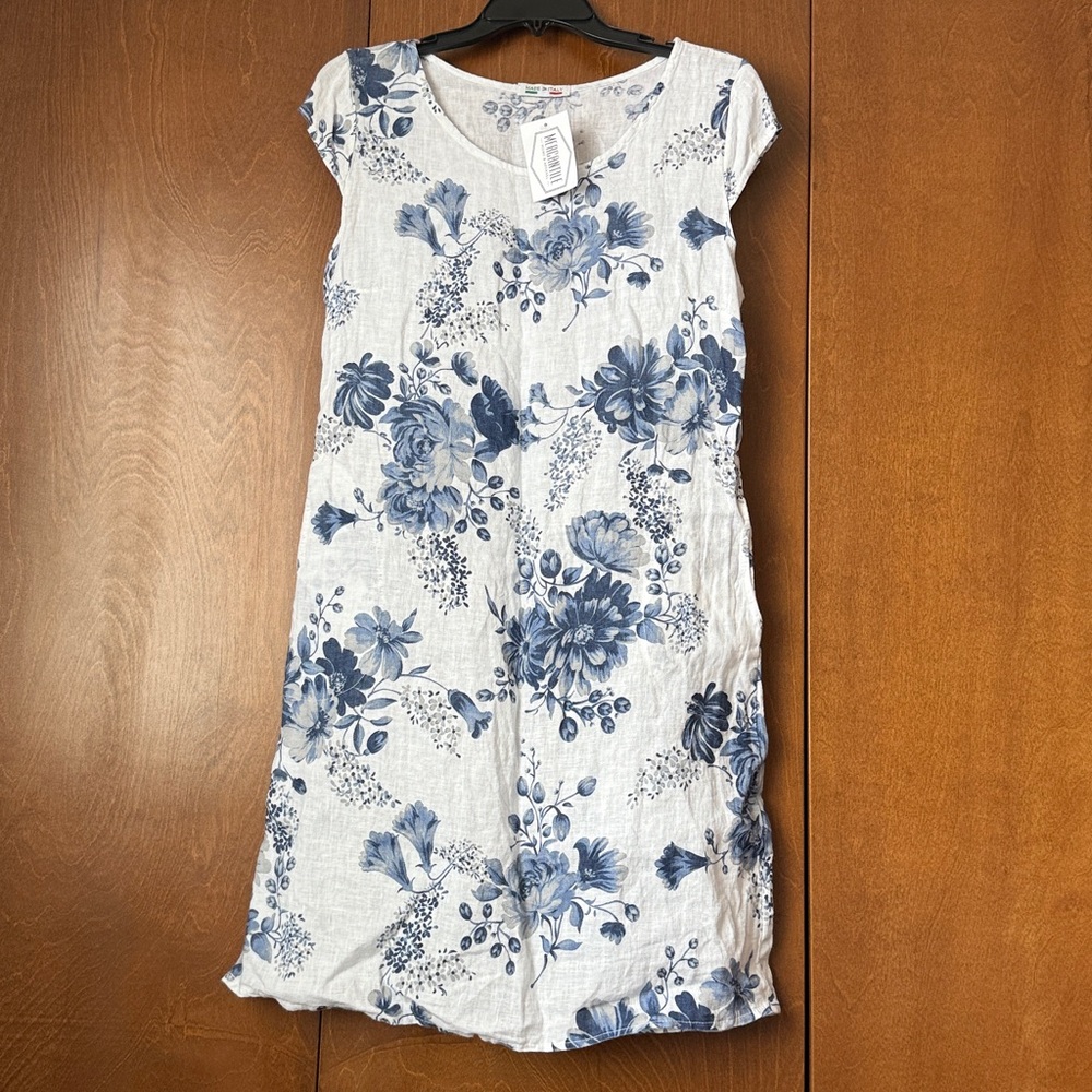 Blue Floral Cap-Sleeve Midi Dress by